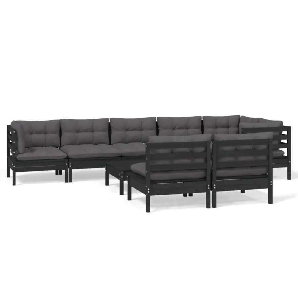 Design Esclusivo Set Divani da Giardino 9 pz con Cuscini Neri Legno di Pino
