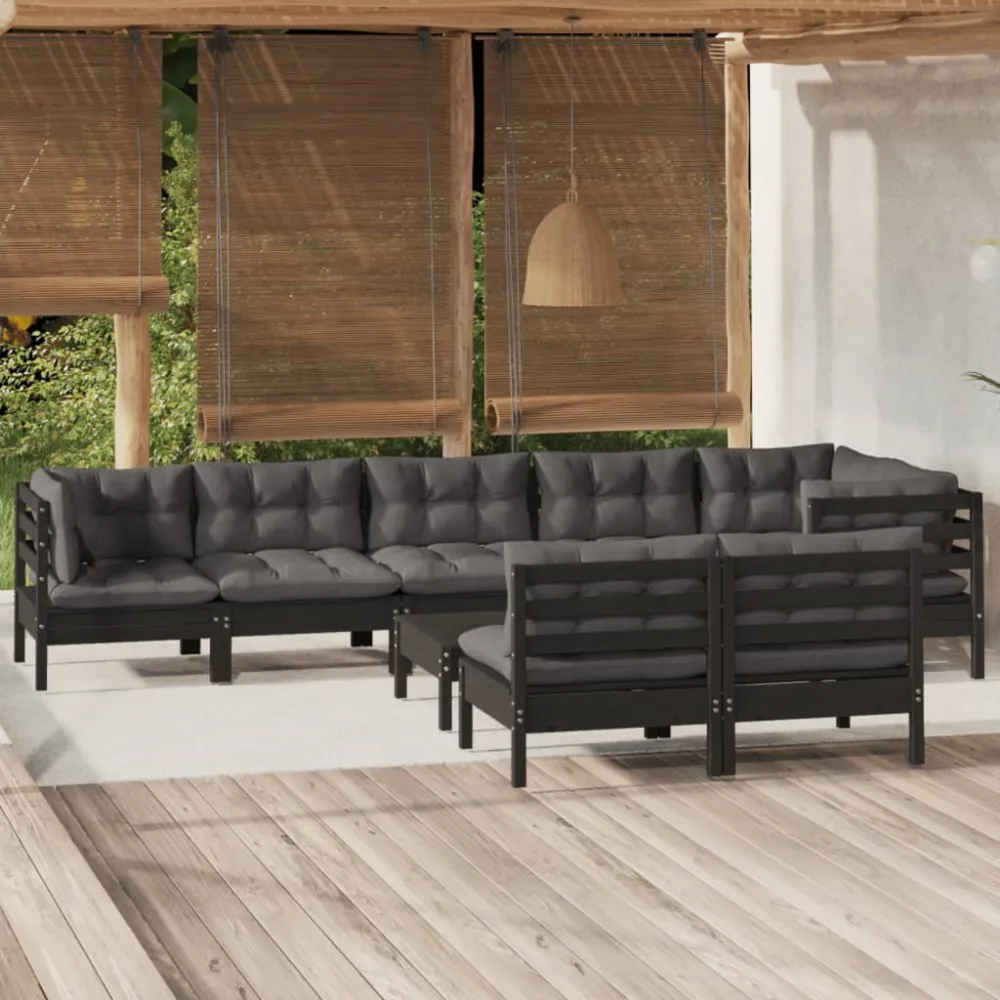 Design Esclusivo Set Divani da Giardino 9 pz con Cuscini Neri Legno di Pino