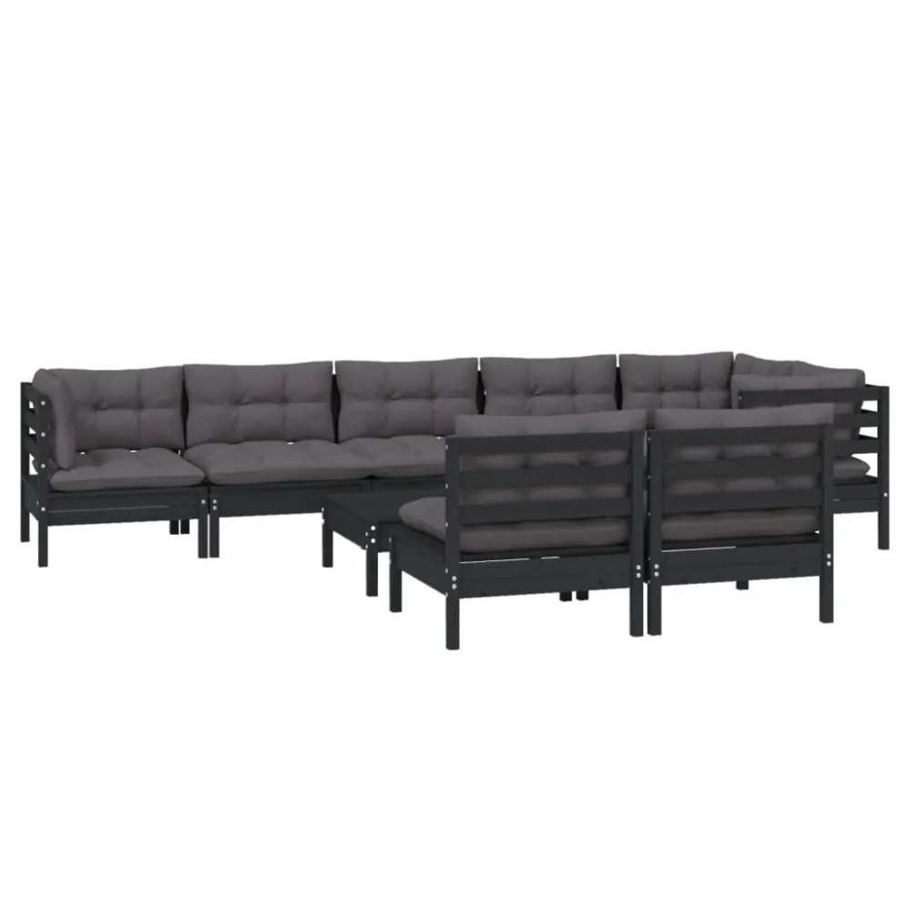 Design Esclusivo Set Divani da Giardino 9 pz con Cuscini Neri Legno di Pino