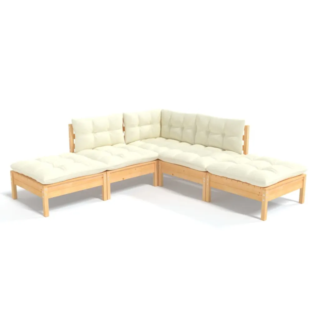 Design Esclusivo Set Divani da Giardino 5 pz con Cuscini Crema Massello di Pino