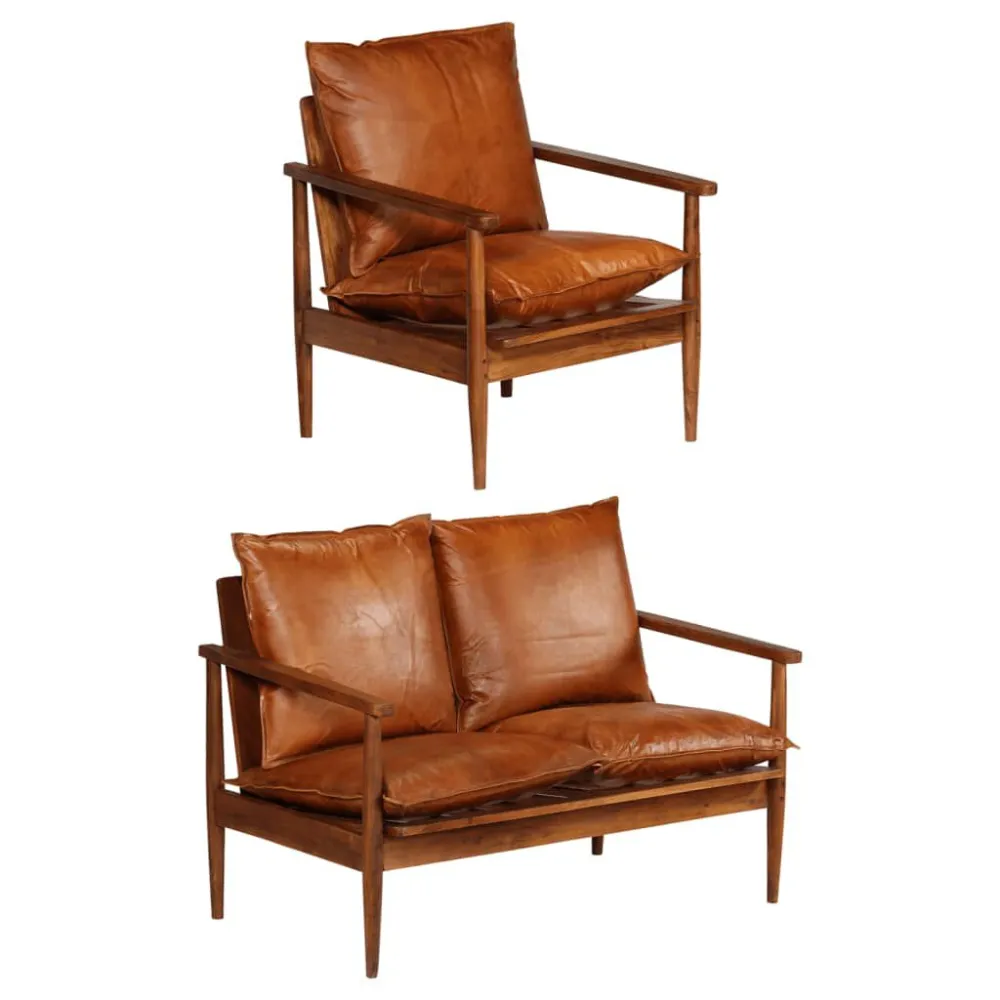 Design Esclusivo Set Divani 2 pz Vera Pelle e Legno Massello d'Acacia Marrone