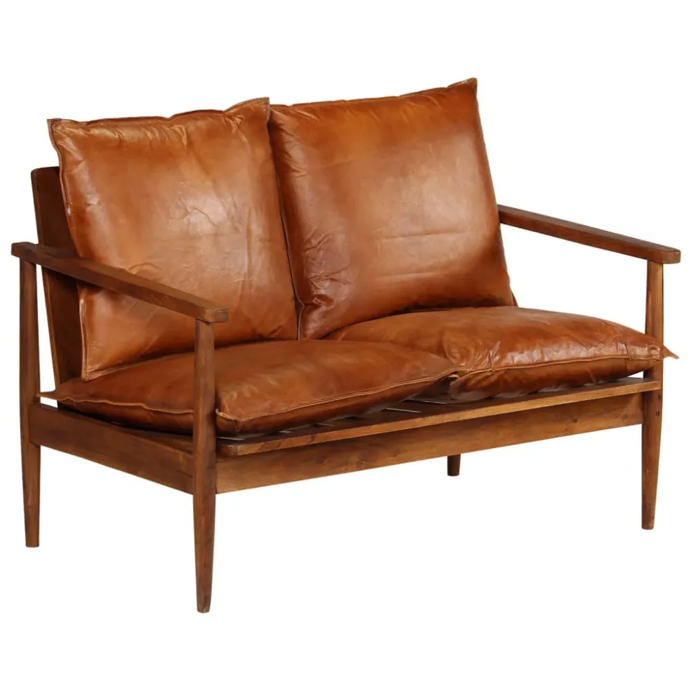 Design Esclusivo Set Divani 2 pz Vera Pelle e Legno Massello d'Acacia Marrone