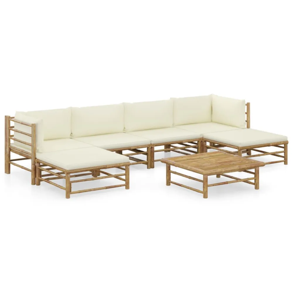 Panca Dondolo Set Divani da Giardino 7 pz con Cuscini Bianco Crema Bambù
