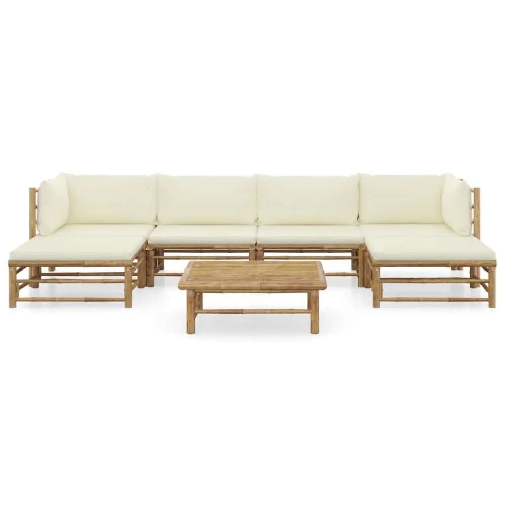 Panca Dondolo Set Divani da Giardino 7 pz con Cuscini Bianco Crema Bambù