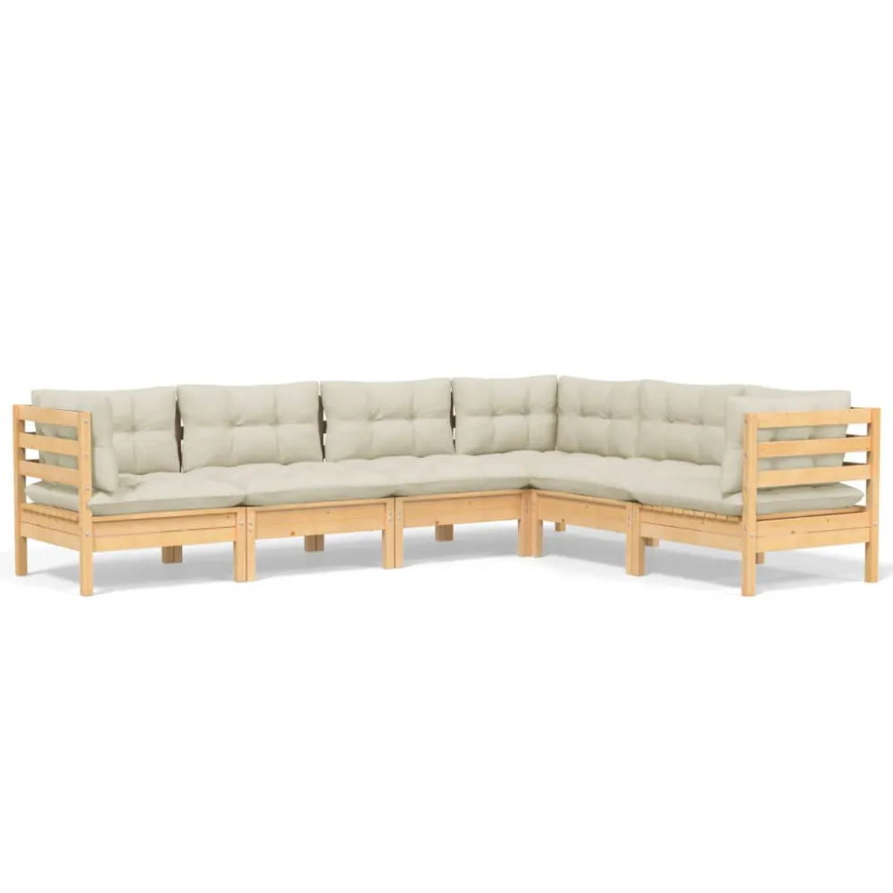 Panca Dondolo Set Divani da Giardino 6 pz con Cuscini Crema Massello di Pino