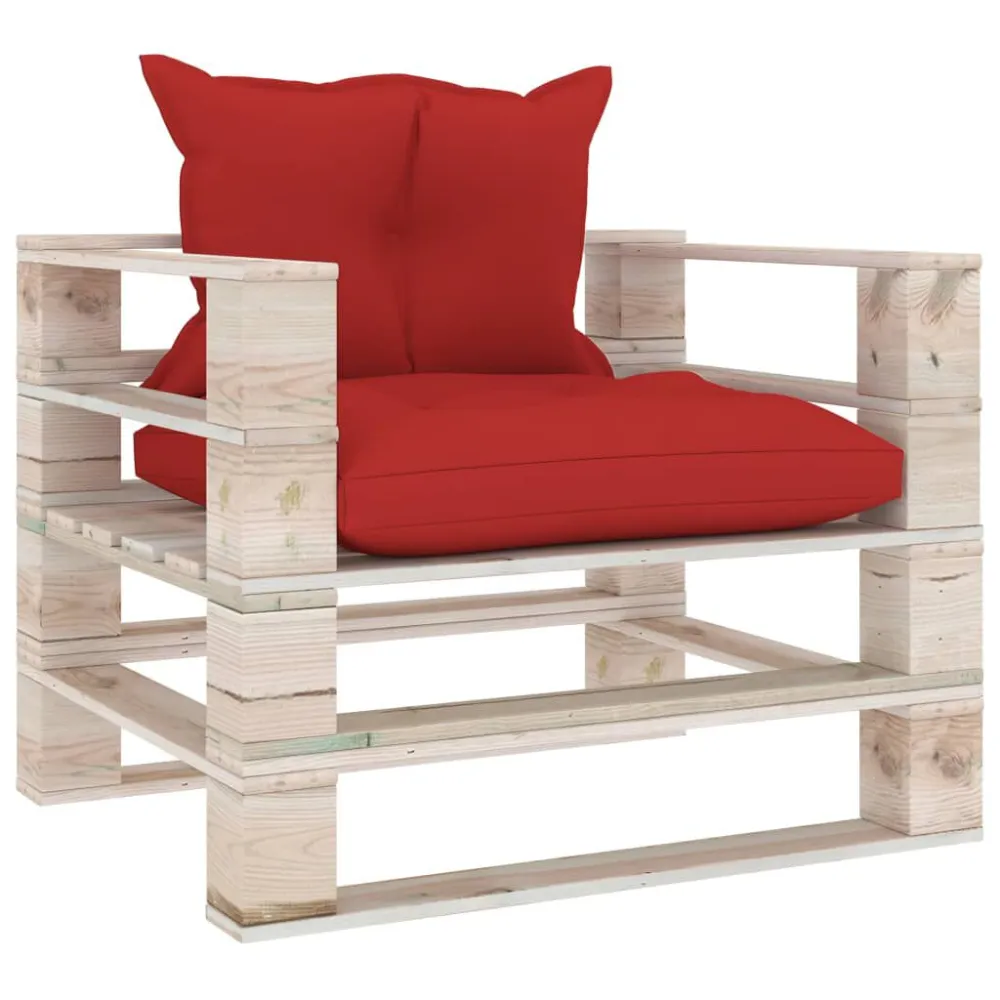 Poltrona da Giardino Pallet con Cuscini Rossi Legno di Pino con Rivestimento Tessuto