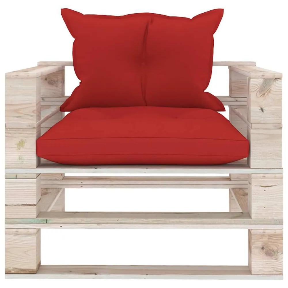 Poltrona da Giardino Pallet con Cuscini Rossi Legno di Pino con Rivestimento Tessuto