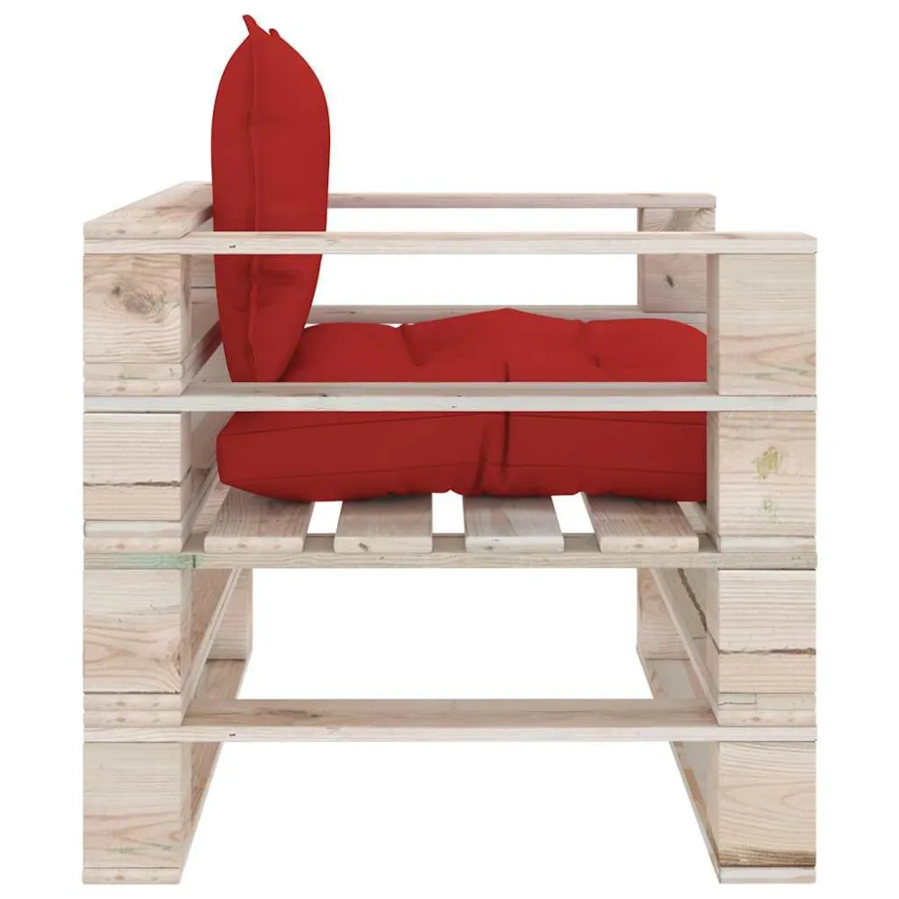 Poltrona da Giardino Pallet con Cuscini Rossi Legno di Pino con Rivestimento Tessuto