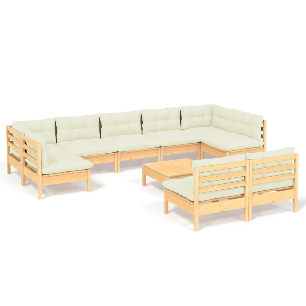 Poltrona Girevole Set Divani da Giardino 10 pz con Cuscini Crema Massello di Pino