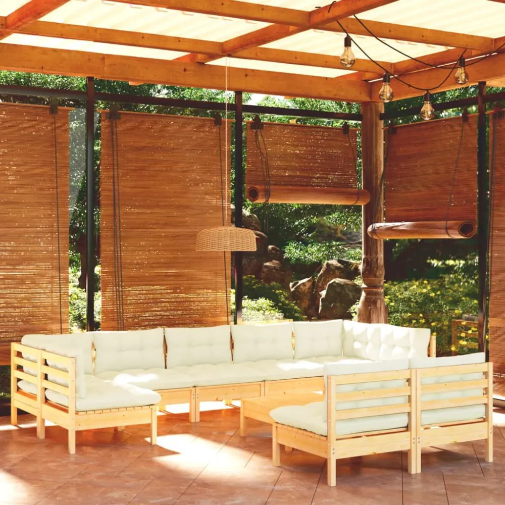 Poltrona Girevole Set Divani da Giardino 10 pz con Cuscini Crema Massello di Pino