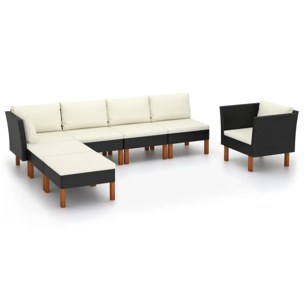 Premium Resina Sintetica Set Divani da Giardino 7pz Polyrattan Legno di Eucalipto Nero