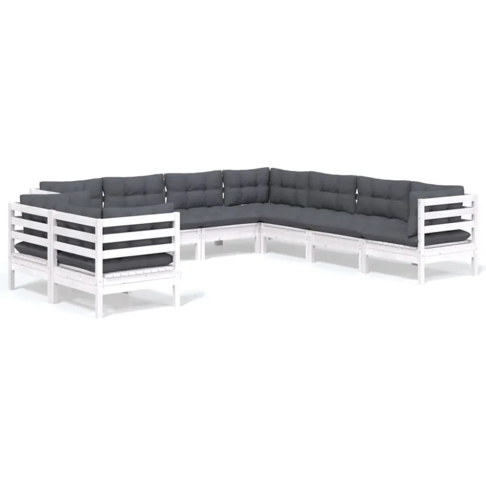 Sedia Pieghevole Set Divani da Giardino 9 pz con Cuscini Bianchi Legno di Pino
