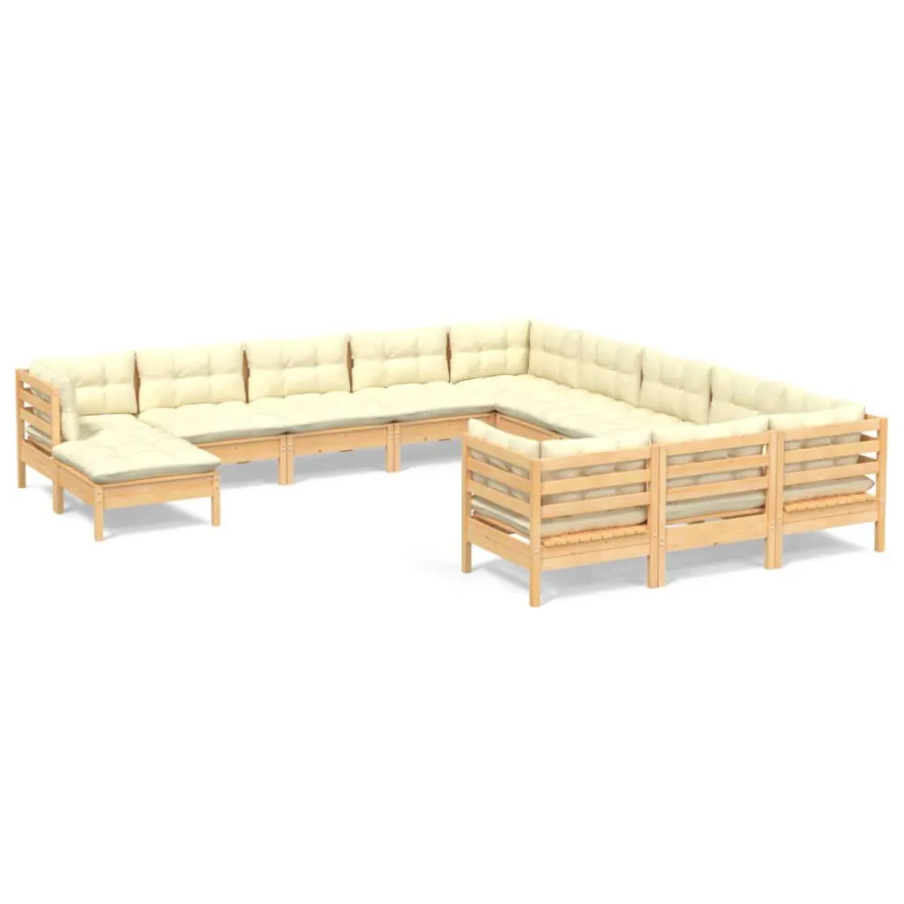 Sedia Pieghevole Set Divani da Giardino 12 pz con Cuscini Crema Massello di Pino