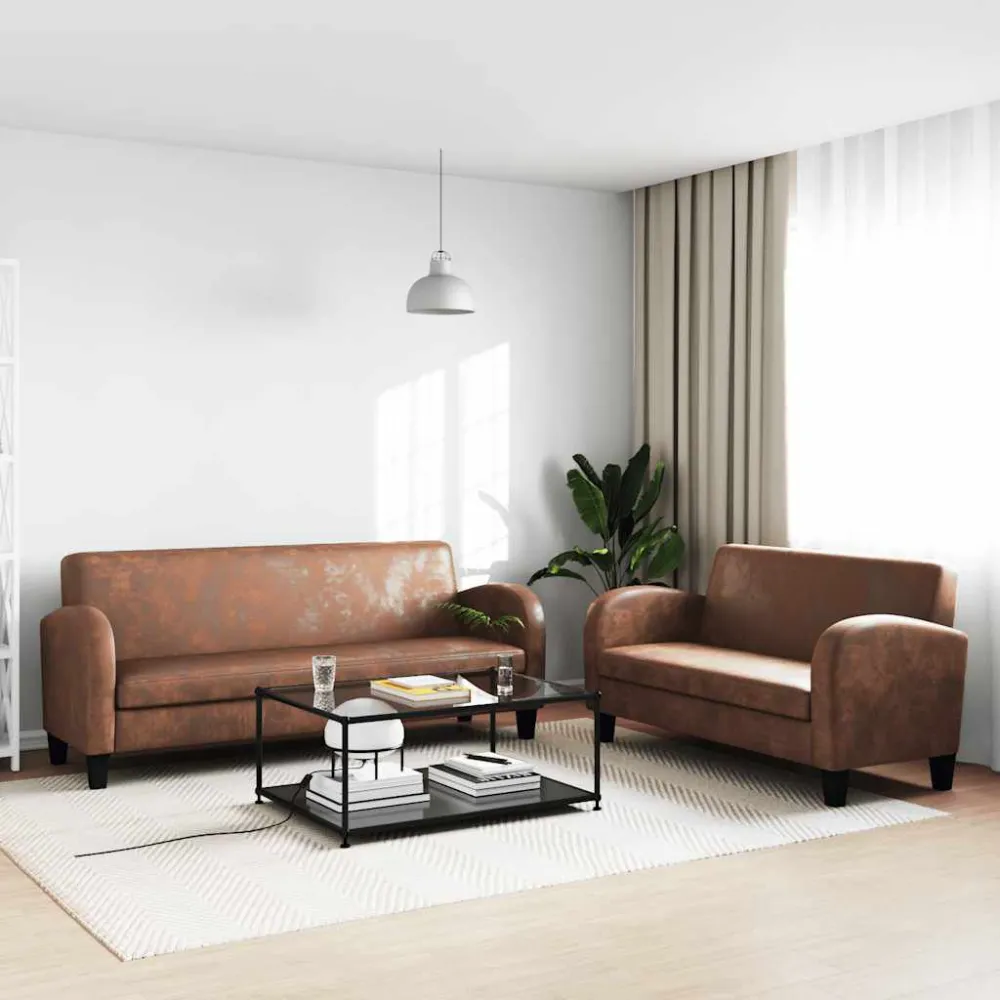 Set Divani 2 pz Camoscio Artificiale Marrone Colori Vivaci