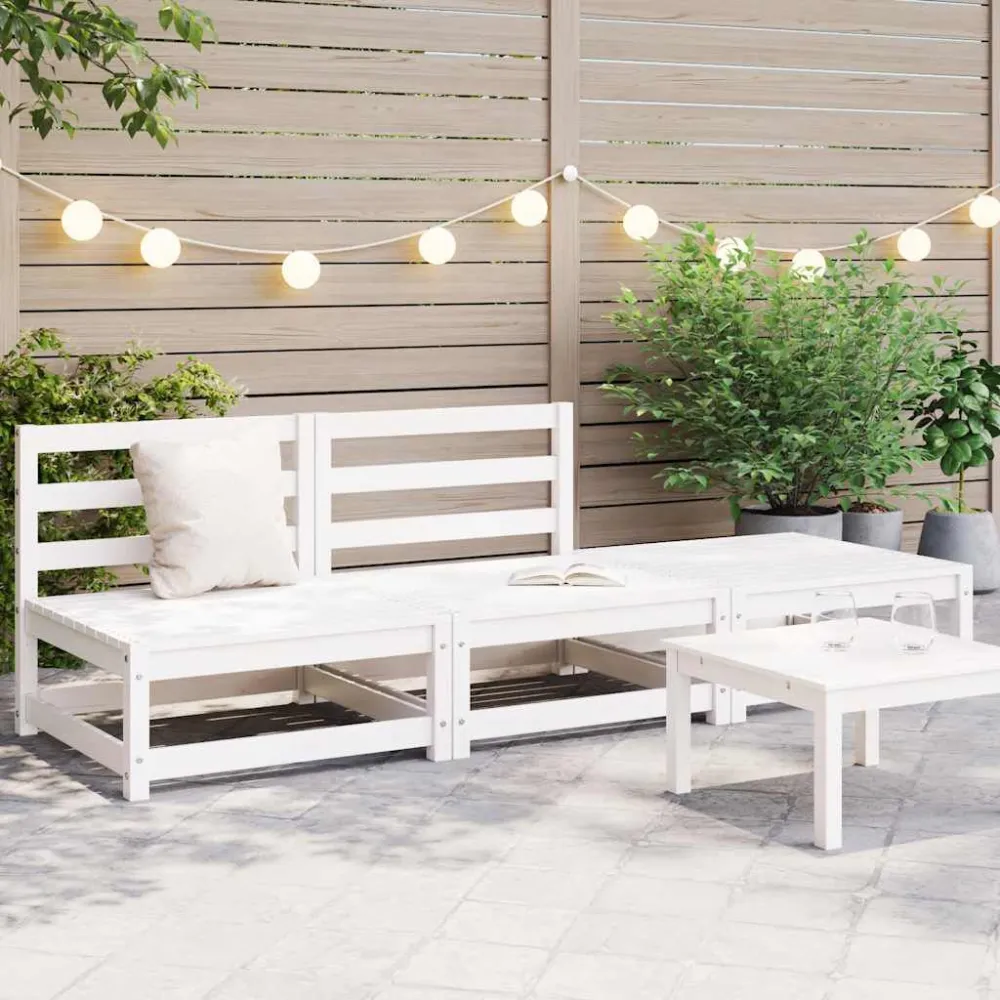 Set Divani da Giardino 3 pz Bianchi Legno Massello di Pino con Struttura Acciaio