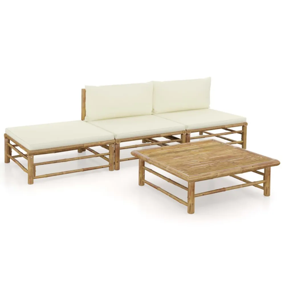 Set Divani da Giardino 4 pz con Cuscini Bianco Crema Bambù con Struttura Acciaio