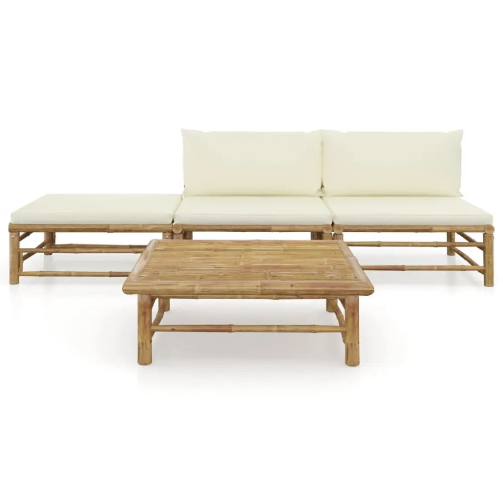 Set Divani da Giardino 4 pz con Cuscini Bianco Crema Bambù con Struttura Acciaio