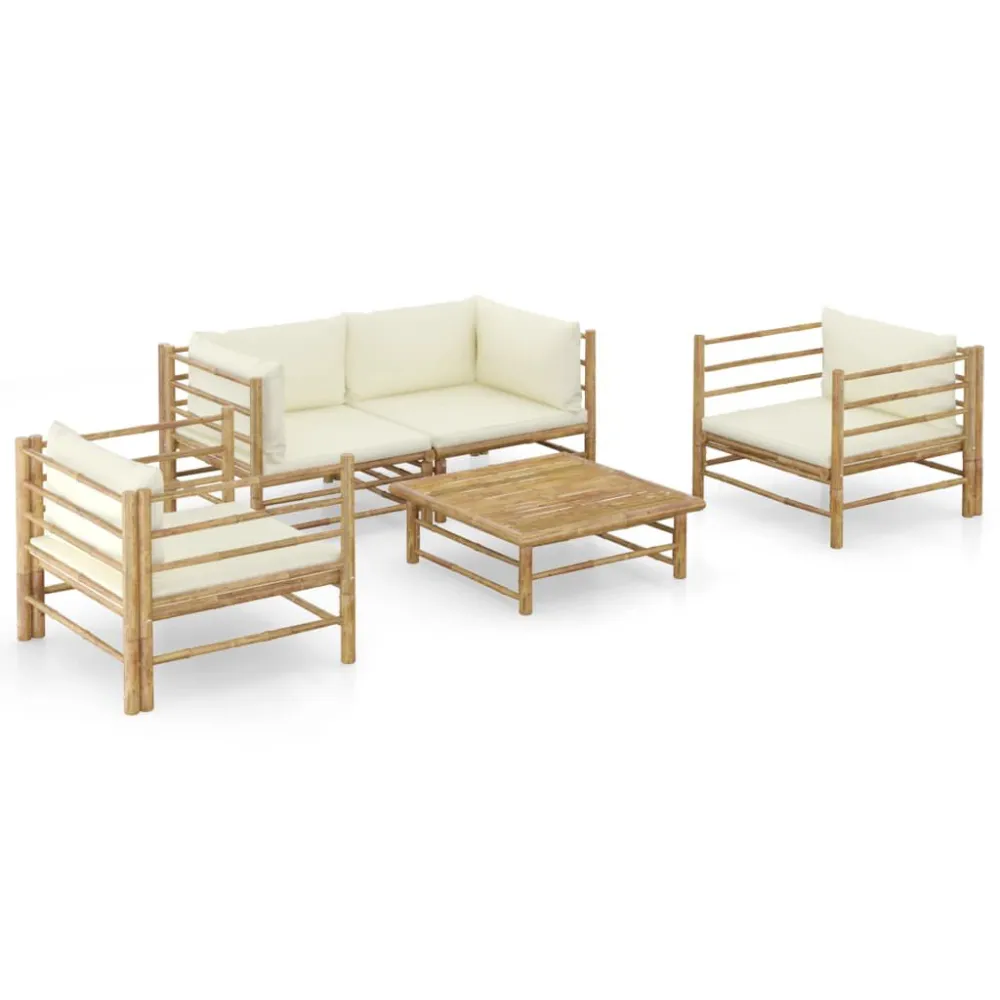 Set Divani da Giardino 5 pz con Cuscini Bianco Crema Bambù - Impermeabile e UV Resistente