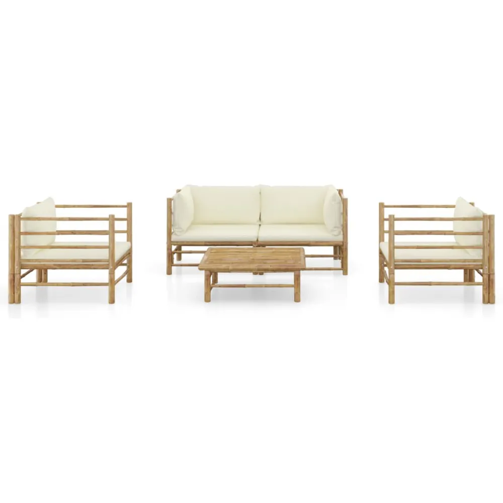 Set Divani da Giardino 5 pz con Cuscini Bianco Crema Bambù - Impermeabile e UV Resistente