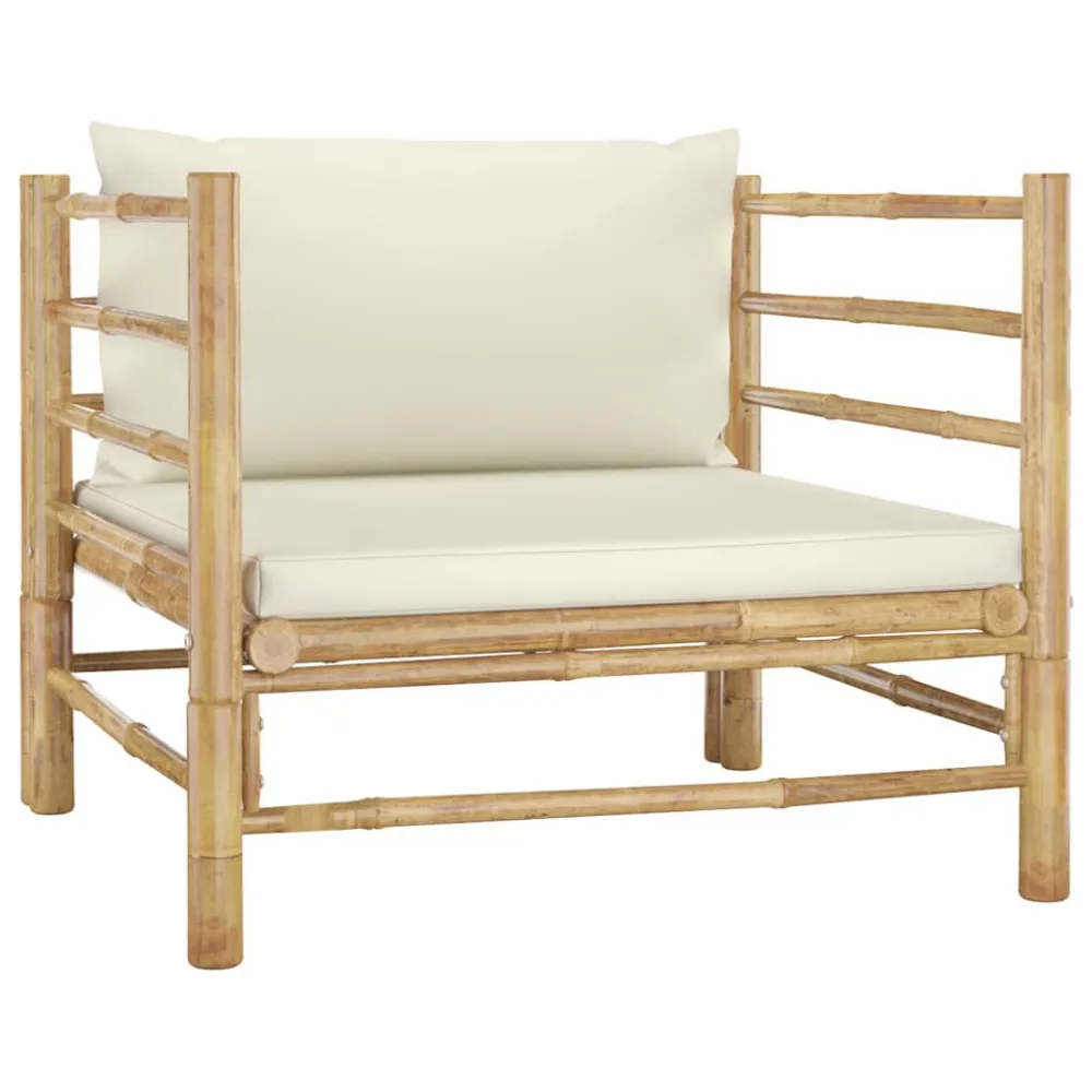 Set Divani da Giardino 5 pz con Cuscini Bianco Crema Bambù - Impermeabile e UV Resistente