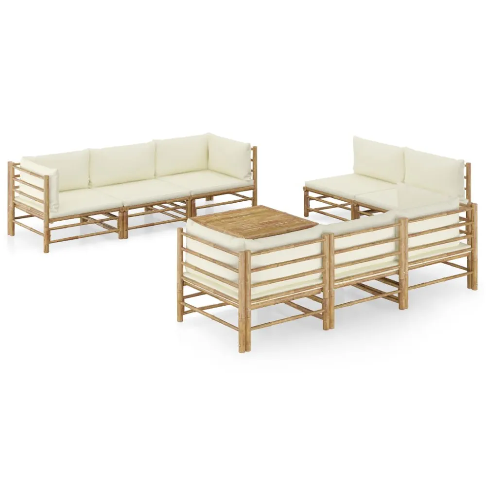 Set Divani da Giardino 9 pz con Cuscini Bianco Crema Bambù con Portabicchiere Integrato