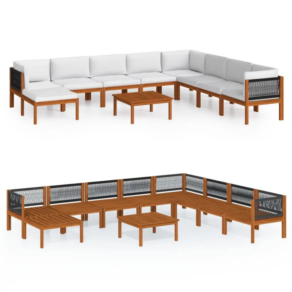 Set Divani da Giardino 9 pz con Cuscini Crema Massello Acacia con Portabicchiere Integrato