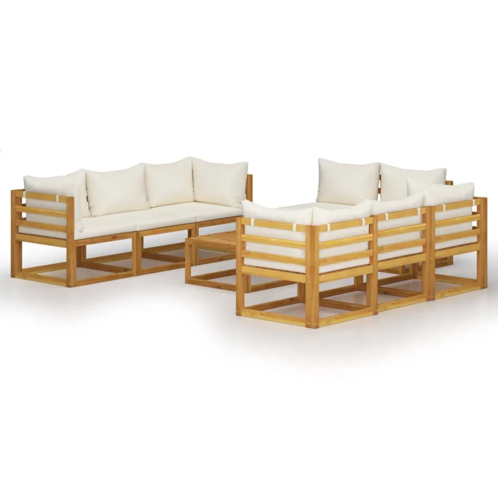 Set Divani da Giardino 9 pz con Cuscini Crema Legno di Acacia - Impermeabile e UV Resistente