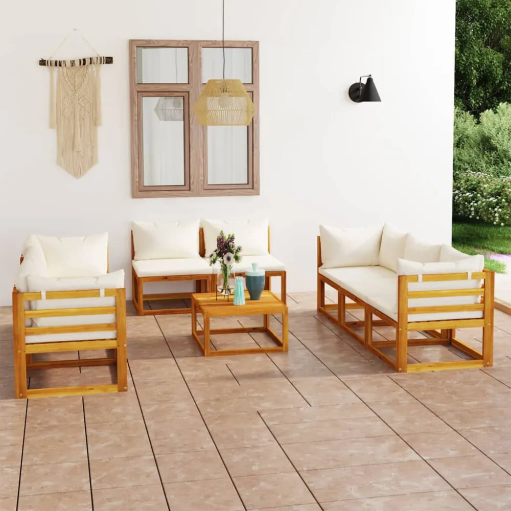 Set Divani da Giardino 9 pz con Cuscini Crema Legno di Acacia - Impermeabile e UV Resistente