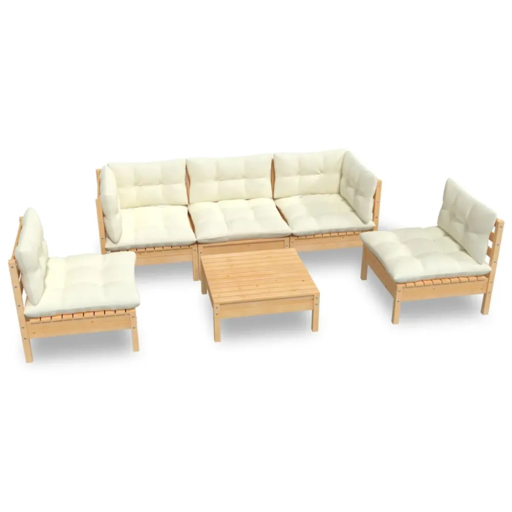 Set Divani da Giardino 6 pz con Cuscini Crema Massello di Pino con Schienale Regolabile