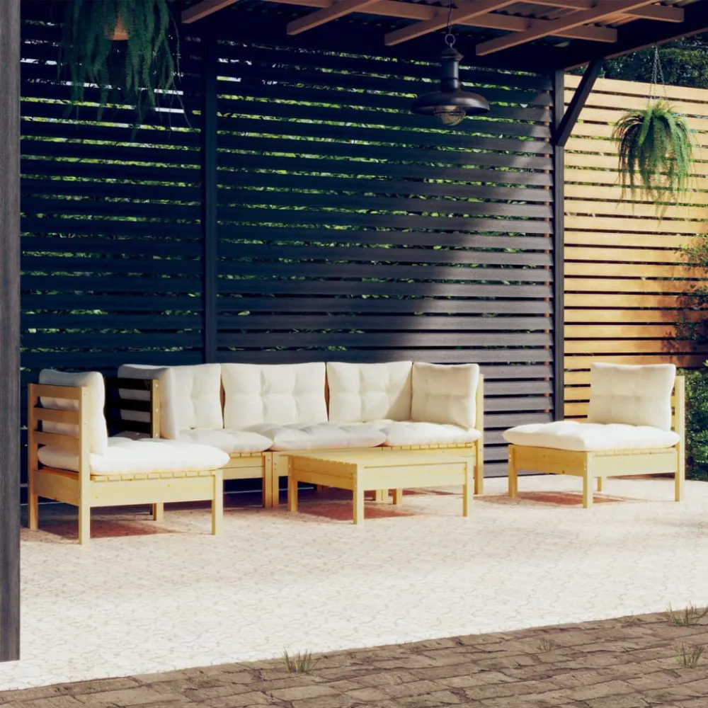 Set Divani da Giardino 6 pz con Cuscini Crema Massello di Pino con Schienale Regolabile