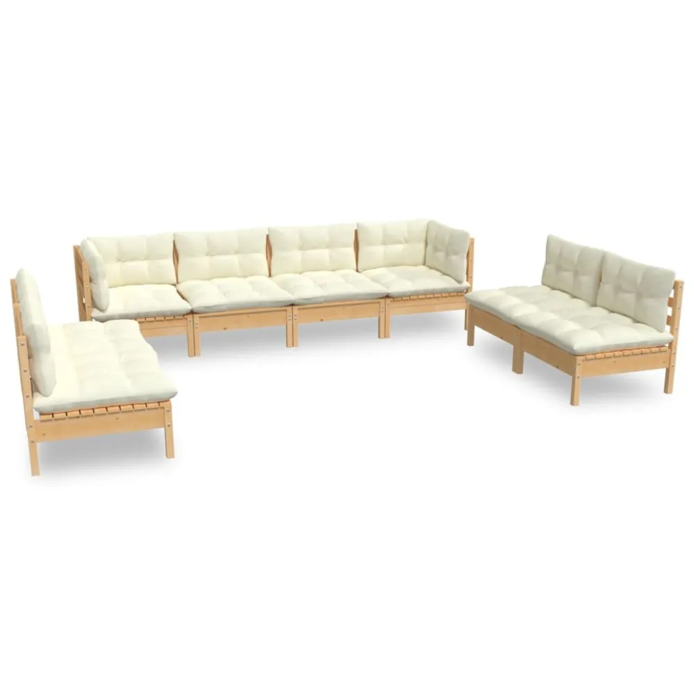 Set Divani da Giardino 8 pz con Cuscini Crema Massello di Pino Legno Massello