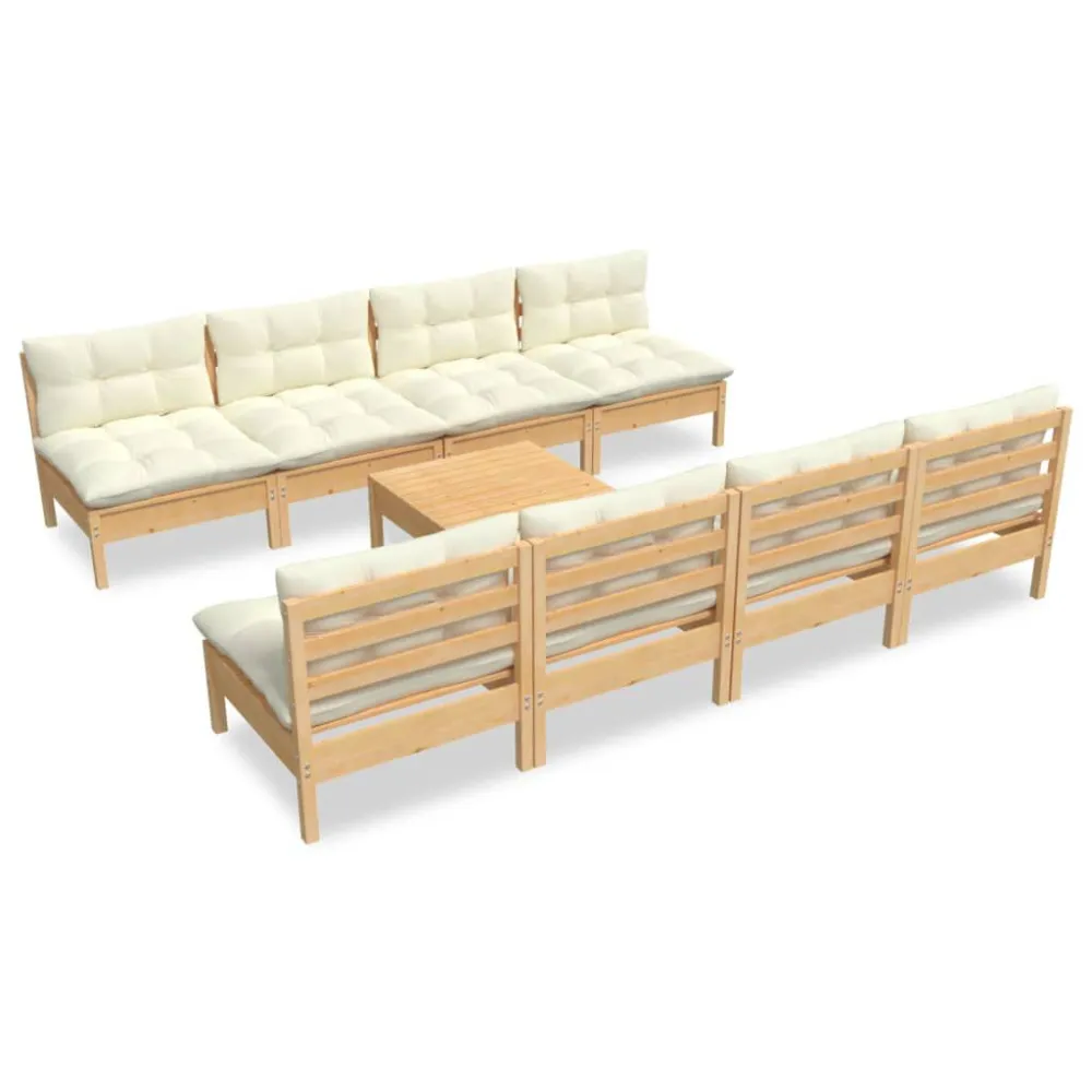 Set Divani da Giardino 9 pz con Cuscini Crema Massello di Pino per Relax all'Aperto