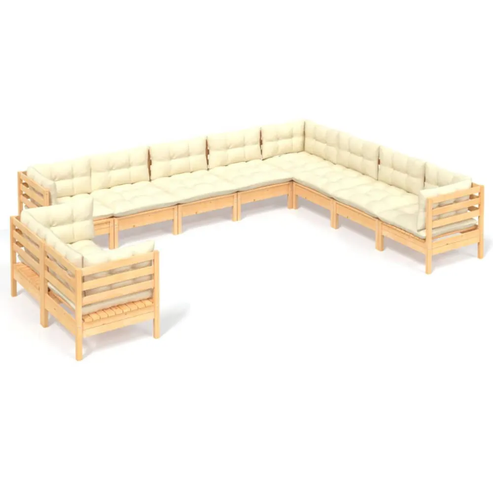 Set Divani da Giardino 10 pz con Cuscini Crema Massello di Pino per Relax all'Aperto