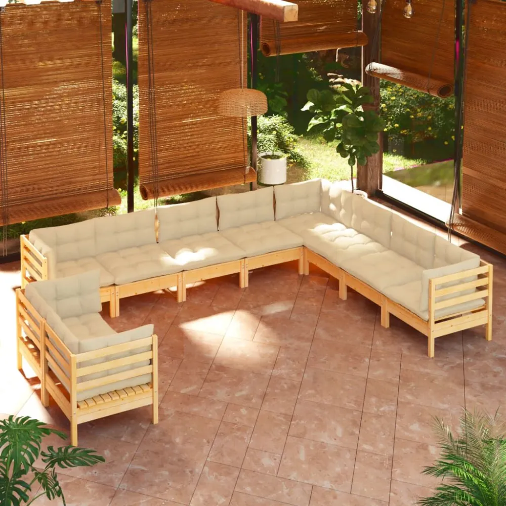 Set Divani da Giardino 10 pz con Cuscini Crema Massello di Pino per Relax all'Aperto