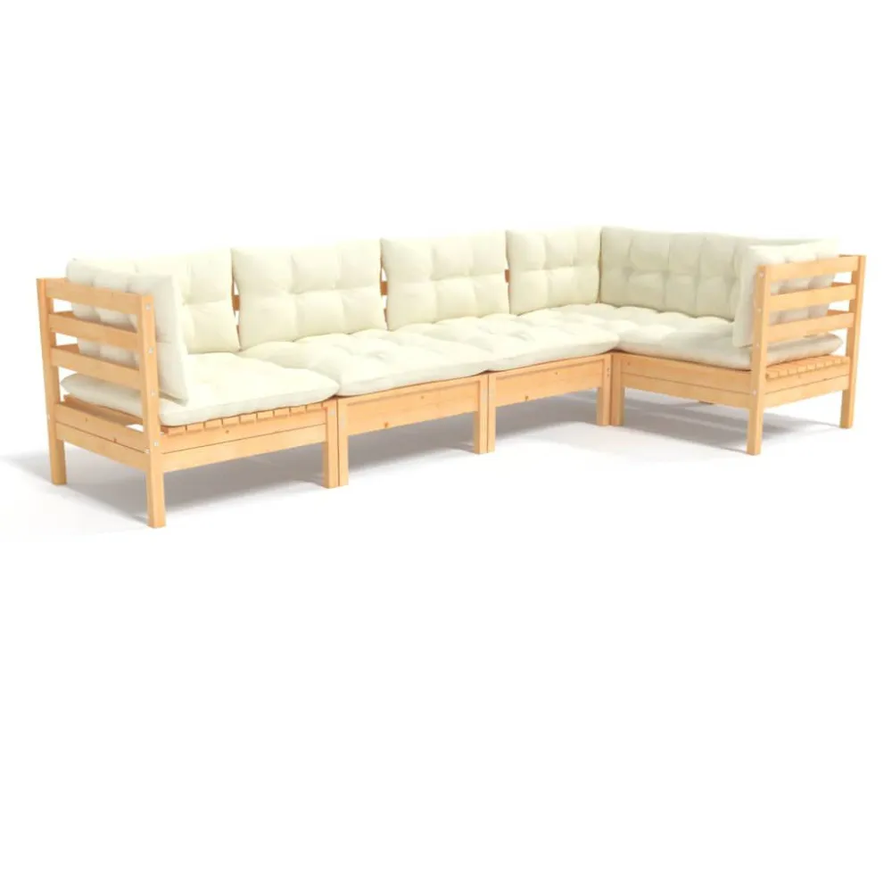 Set Divani da Giardino 5 pz con Cuscini Crema Massello di Pino Colori Vivaci
