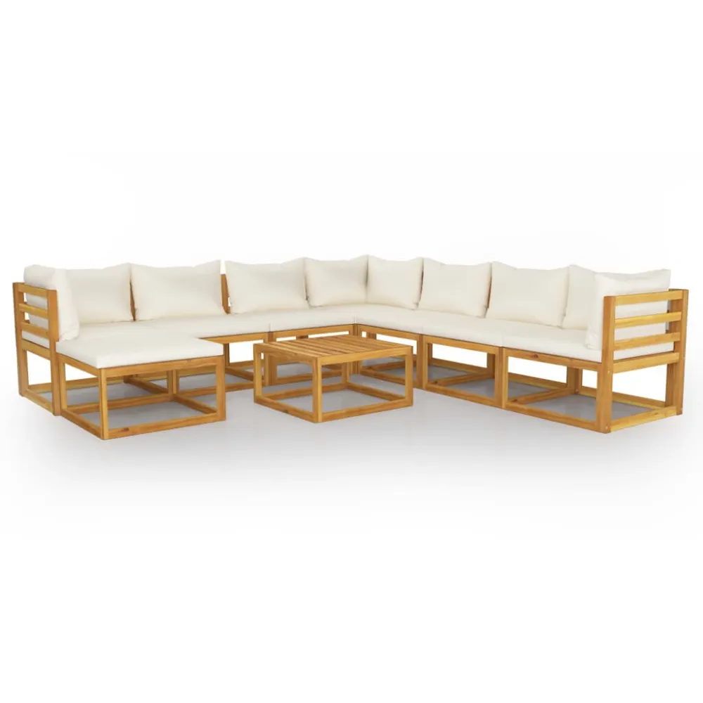 Set Divani da Giardino 9 pz con Cuscini Crema Legno Acacia con Rivestimento Tessuto