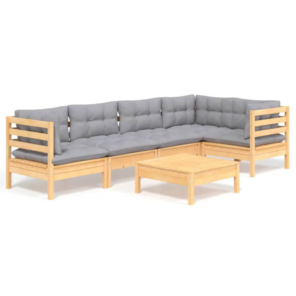 Set Divani da Giardino 6 pz con Cuscini Grigi Massello di Pino con Rivestimento Tessuto