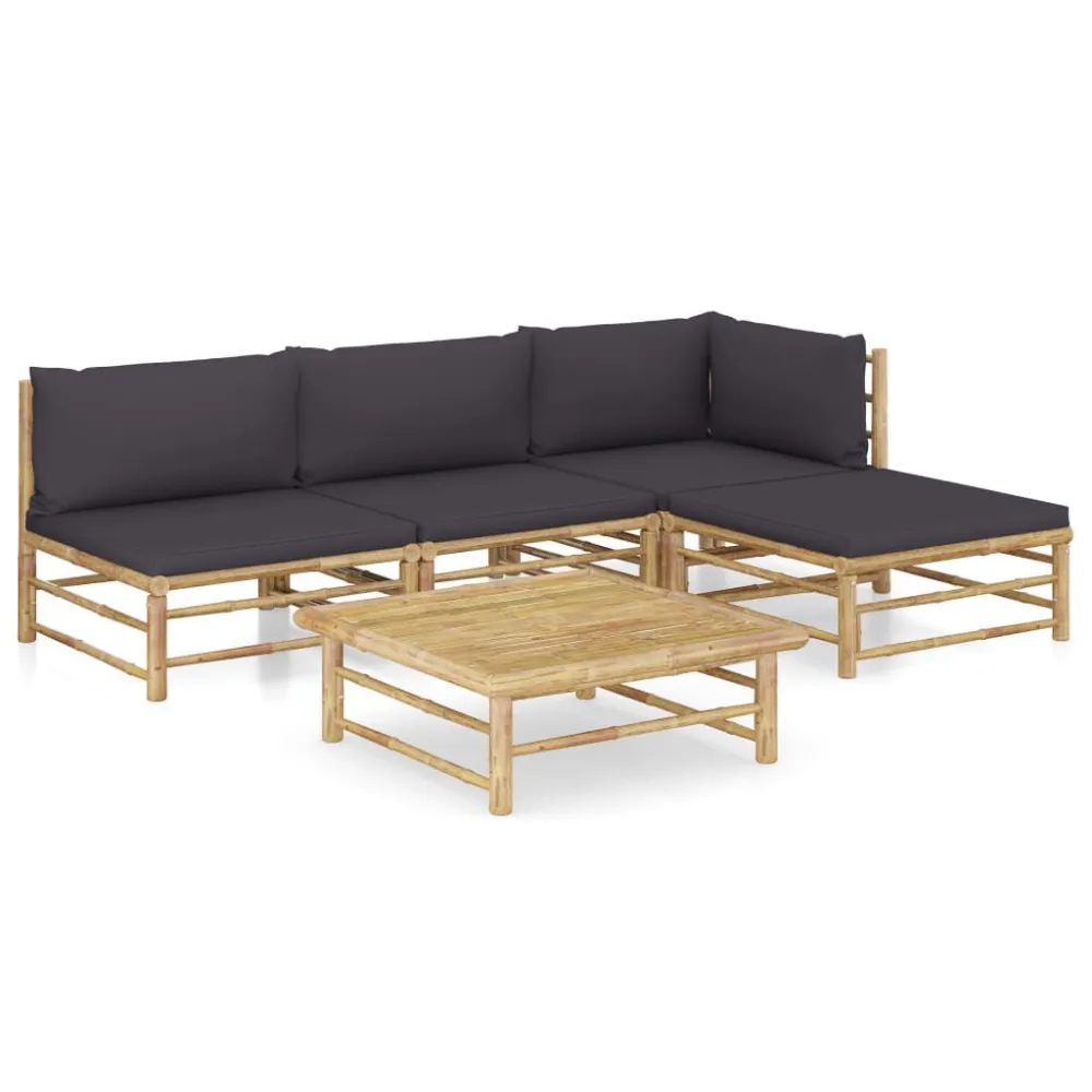 Set Divani da Giardino 5 pz con Cuscini Grigio Tenebroso Bambù