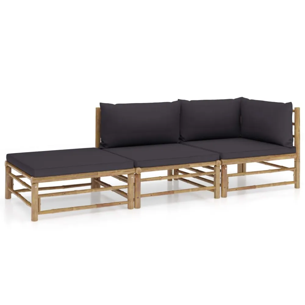 Set Divani da Giardino 3 pz con Cuscini Grigio Cupo Bambù Easy Storage