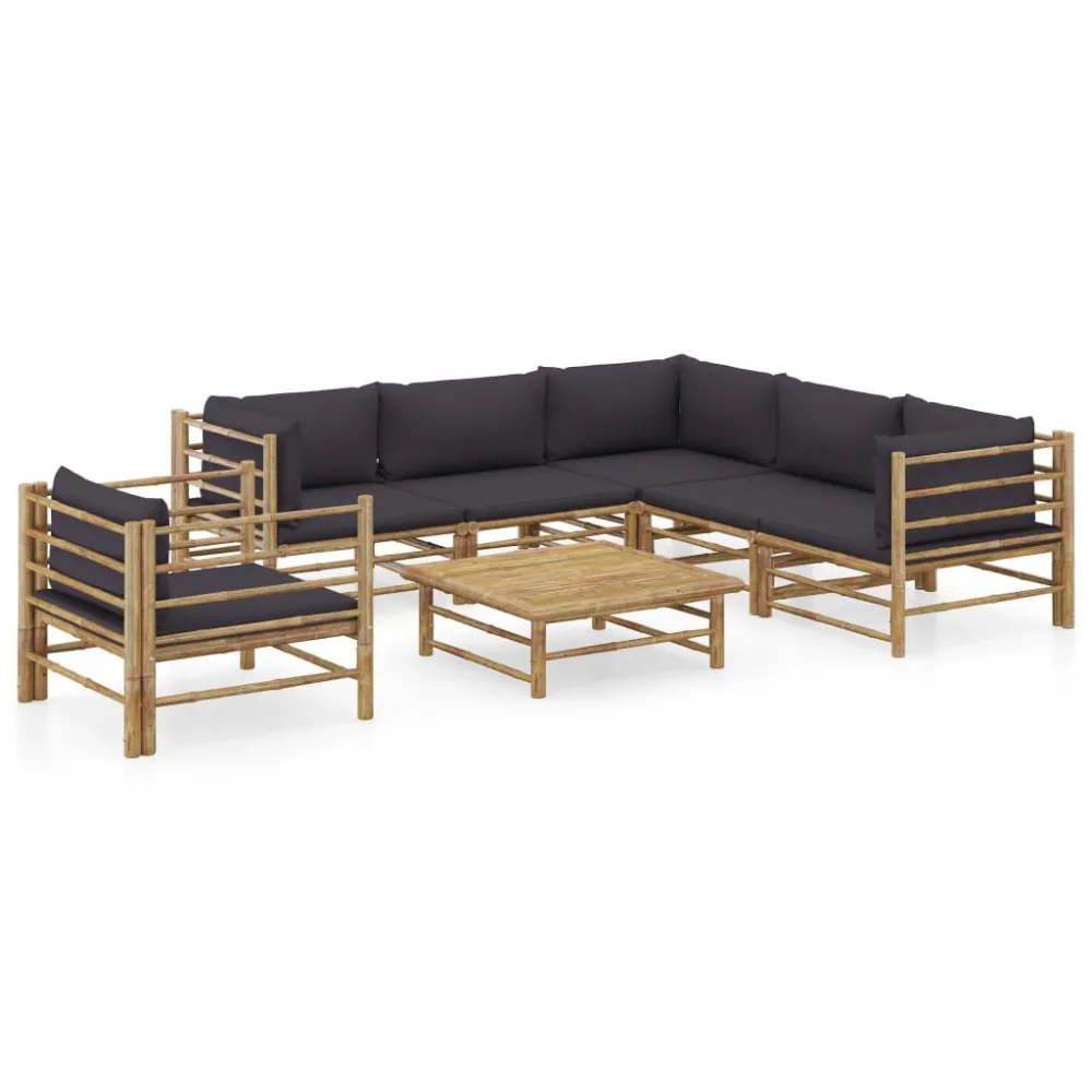 Set Divani da Giardino 7 pz con Cuscini Grigio Fosco Bambù con Cuscino Estraibile