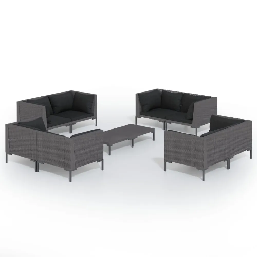 Set Divani Giardino 9 pz con Cuscini Polyrattan Grigio Tenebroso