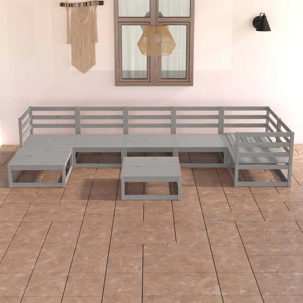 Set Divani da Giardino 8 pz Grigi Legno Massello di Pino per Giardino e Spiaggia