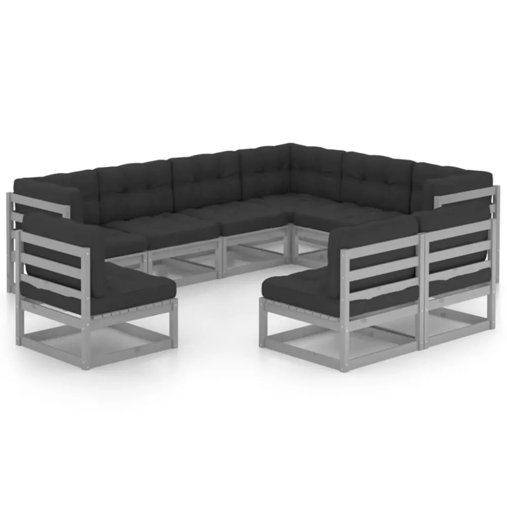 Set Divani da Giardino 9 pz Grigio Cuscini Massello di Pino | Pieghevole e Leggera