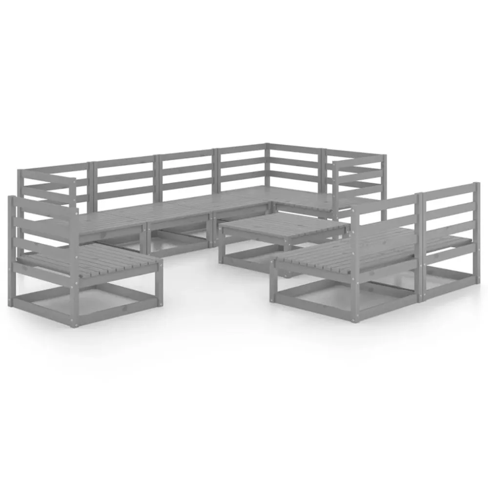 Set Divani da Giardino 9 pz Grigio Legno Massello di Pino per Relax all'Aperto