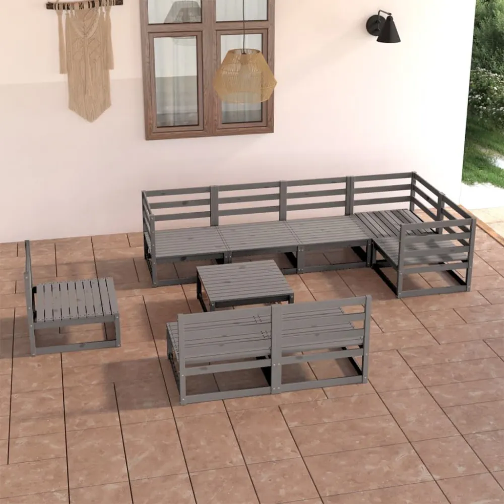 Set Divani da Giardino 9 pz Grigio Legno Massello di Pino per Relax all'Aperto