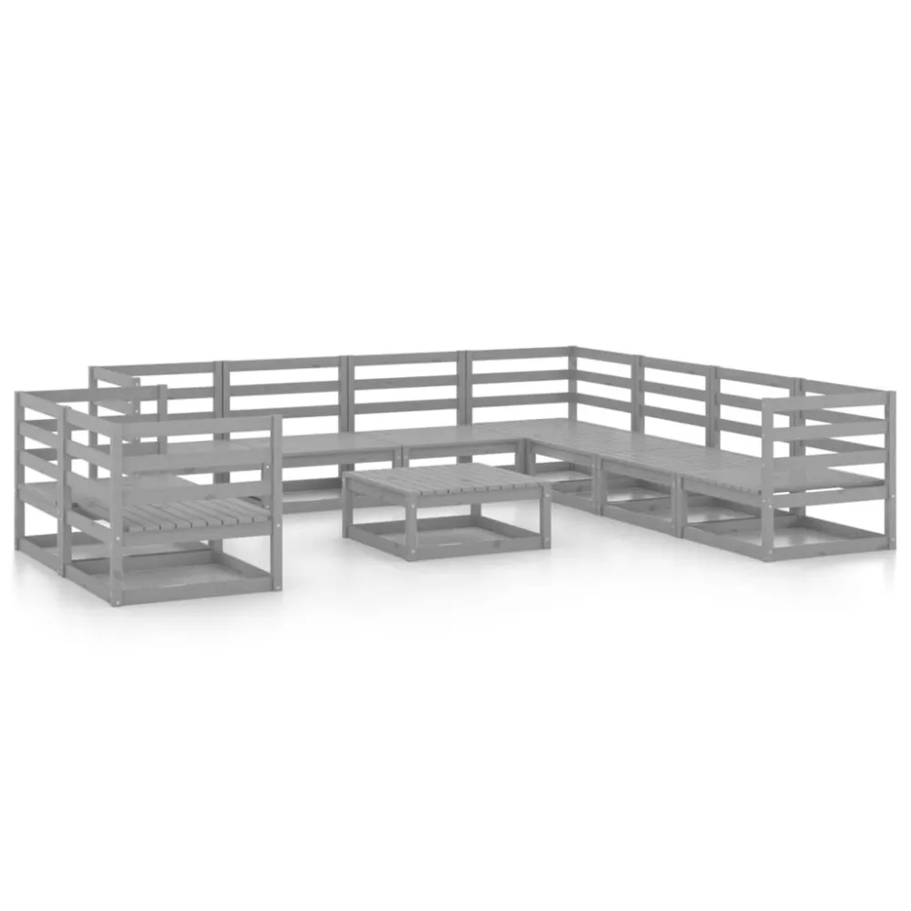 Set Divani da Giardino 10 pz Grigio Legno Massello di Pino per Giardino e Spiaggia