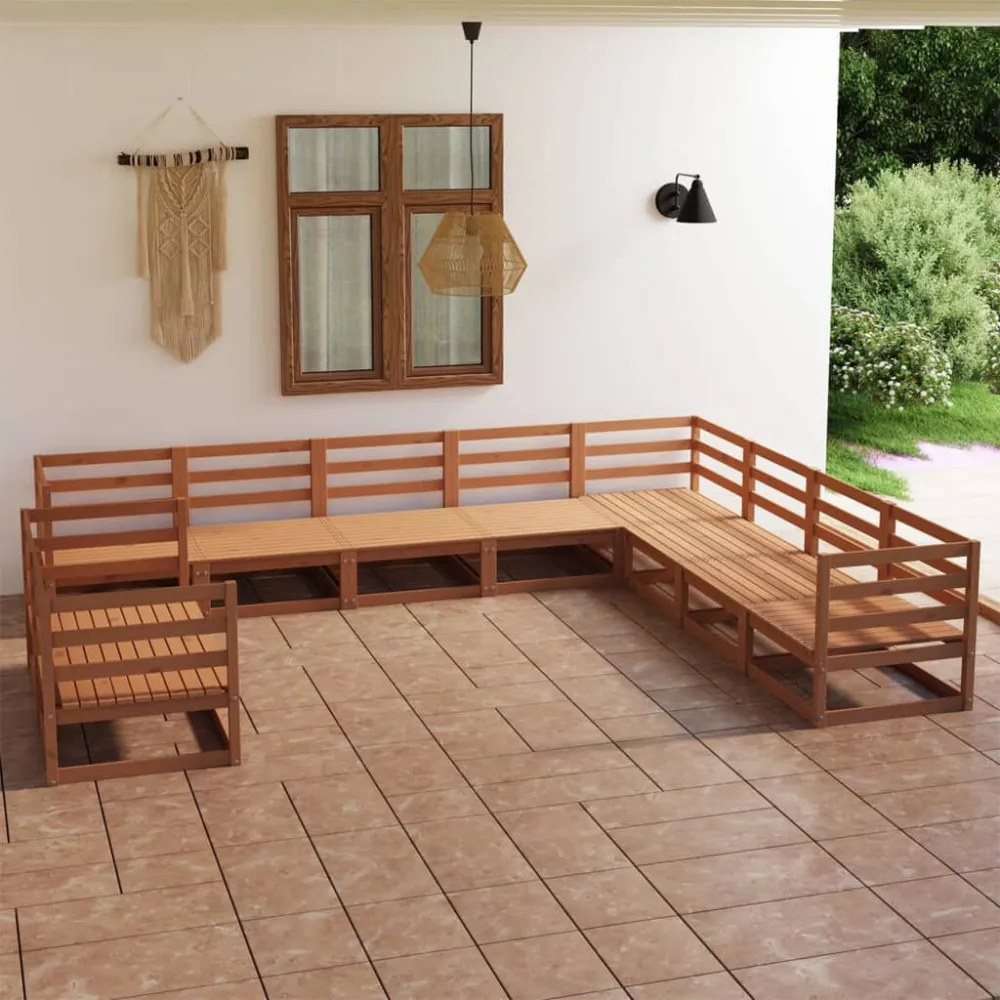 Set Divani da Giardino 10 pz Marrone Ambra Legno Massello Pino Easy Storage