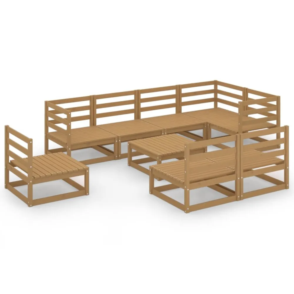 Set Divani da Giardino 9 pz Marrone Ambra Legno Massello Pino con Struttura Acciaio