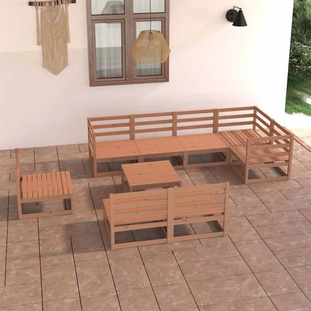 Set Divani da Giardino 9 pz Marrone Ambra Legno Massello Pino con Struttura Acciaio