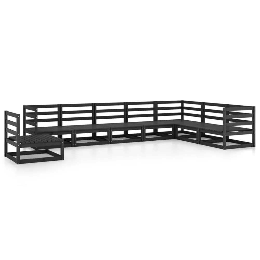 Set Divani da Giardino 8 pz Nero Legno Massello di Pino con Cuscino Estraibile